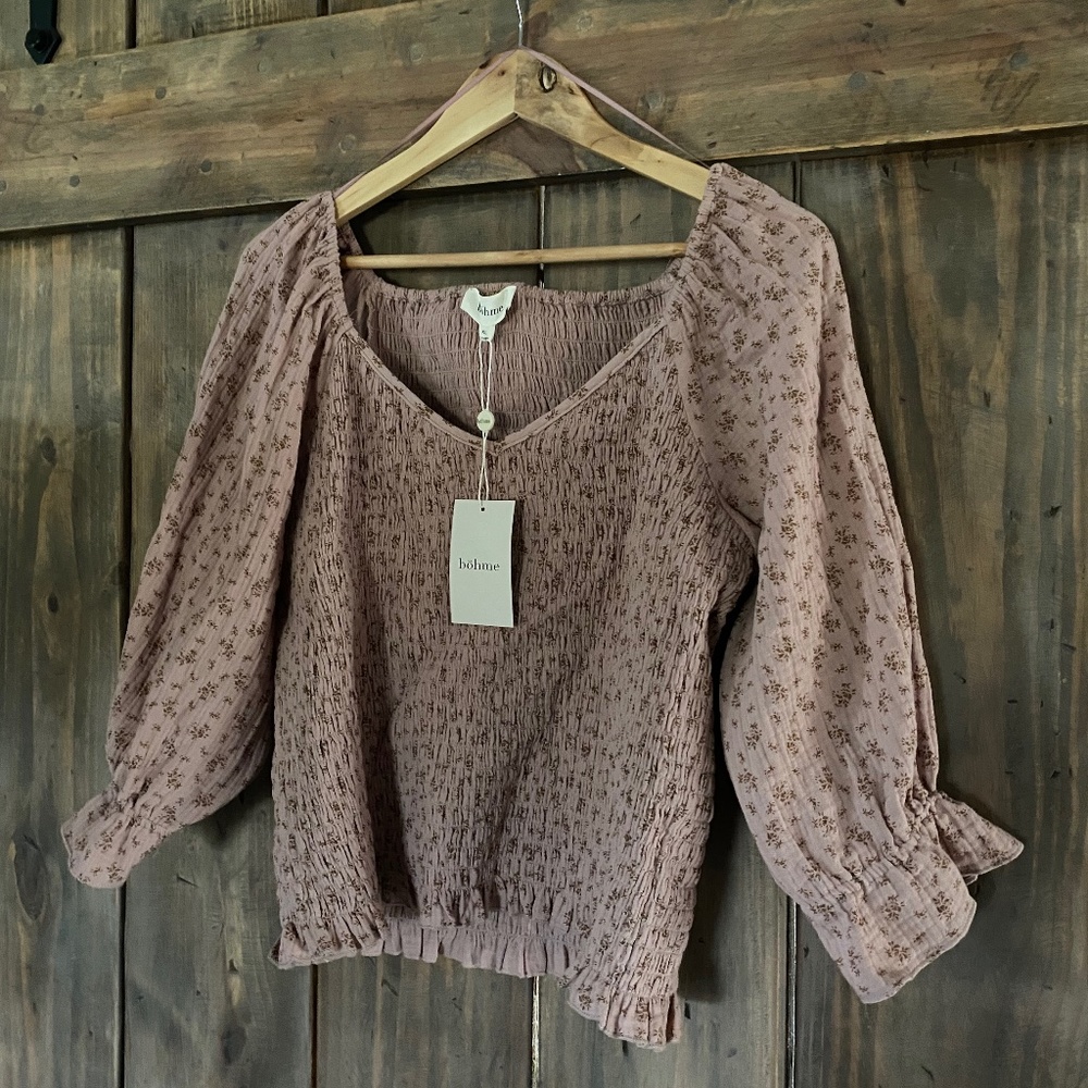 Bohme Mauve Floral Mesh Smocked Crop Top
